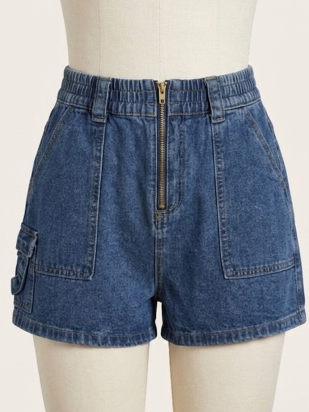 SHEIN Dark Blue Elastic-Waist Denim Cargo Shorts